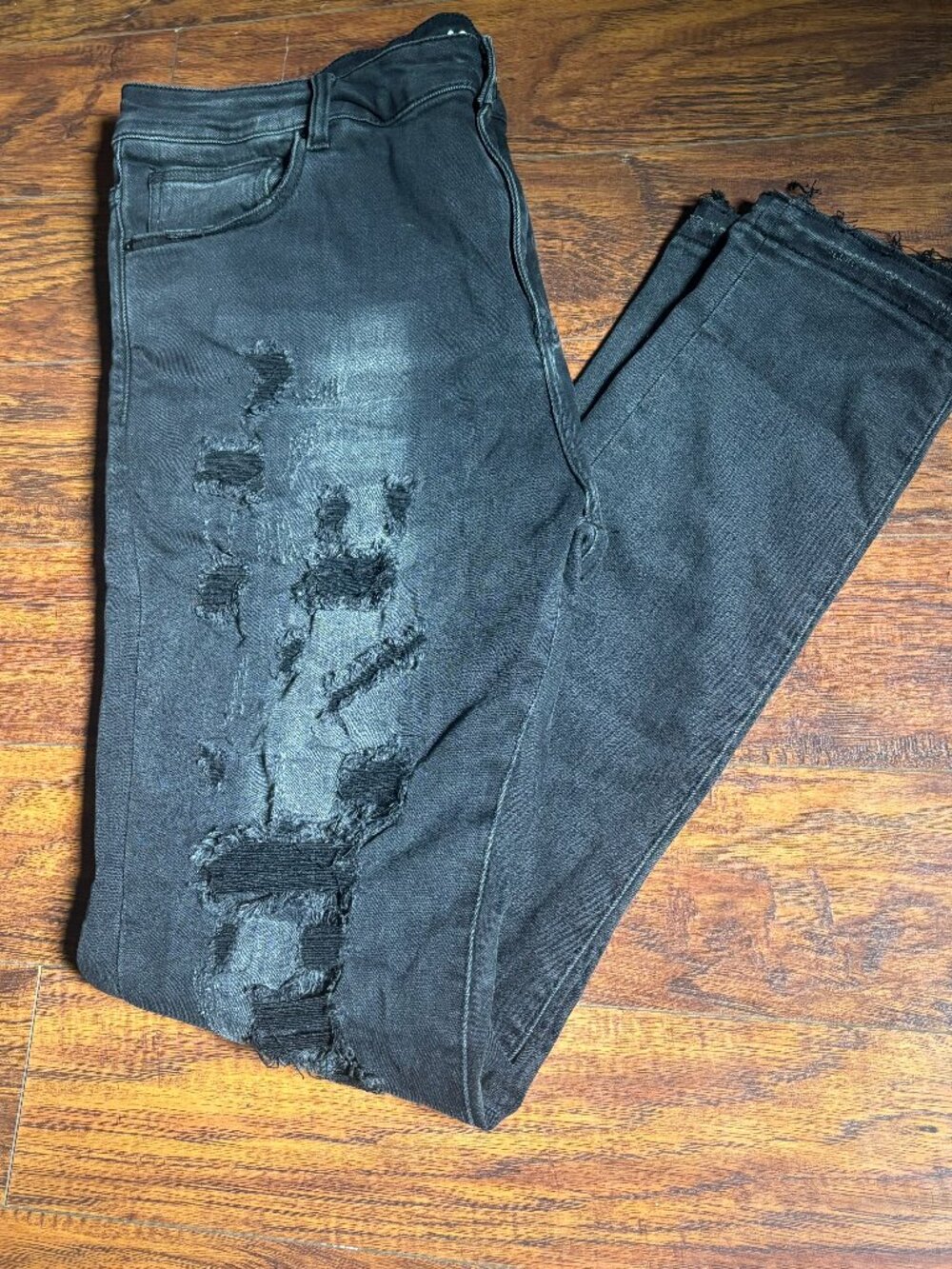 crysp denim Mens dark grey distressed flared jeans